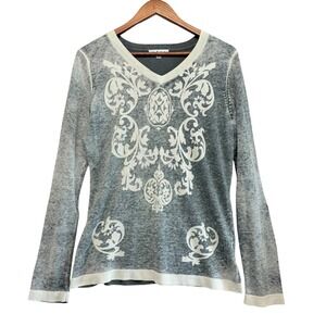 Cabi Sweater Womens L Cashmere Blend Damask V-Neck Long Sleeve Distressed Boho